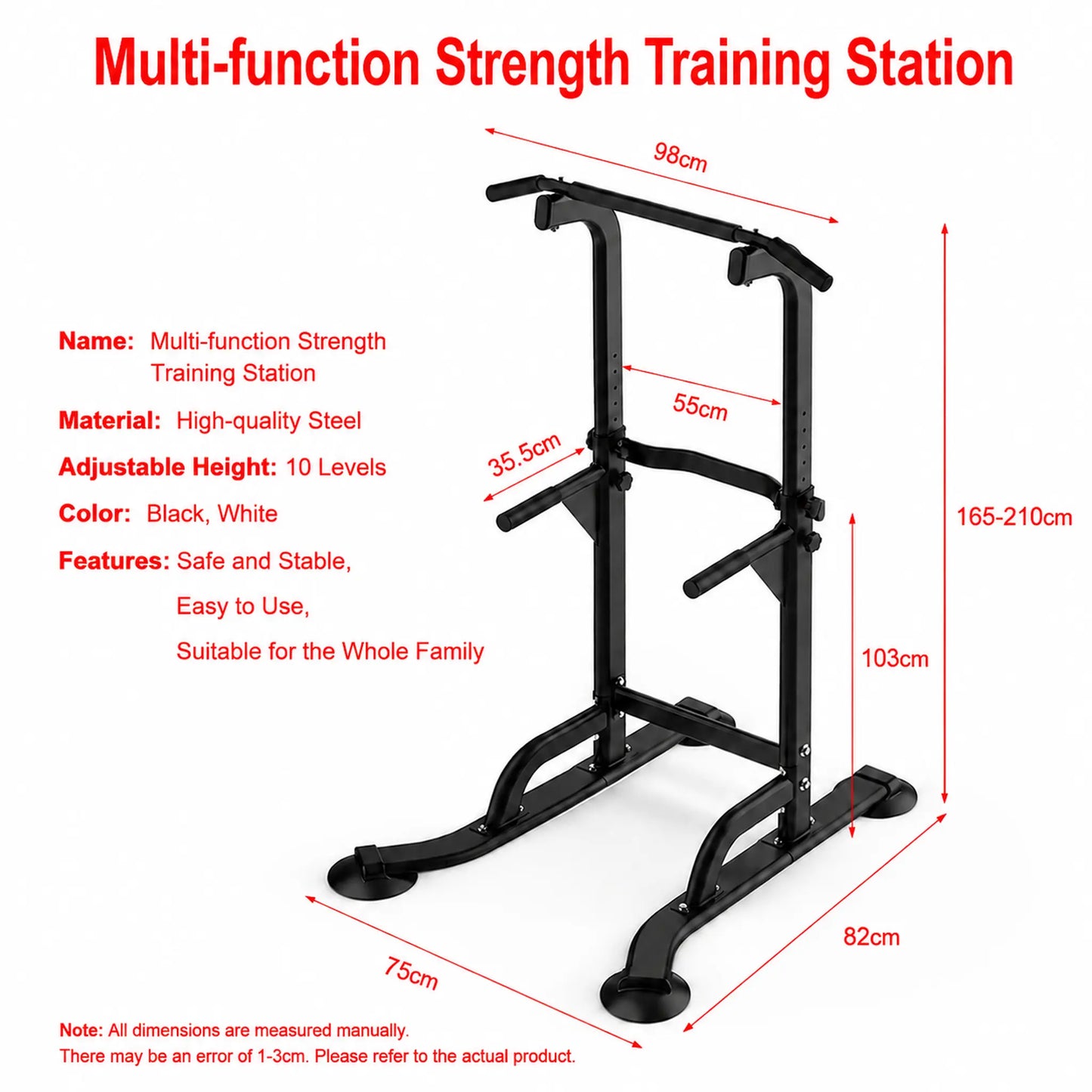 Multi-Functional Power Tower Pull up Bar, Sturdy Steel Dip Station for Home Gym Workout, Adjustable Height, 330 Lbs Weight Capacity, at Home Gym Equipment, Stainless Steel, 129*51*12Cm, Adjustible
