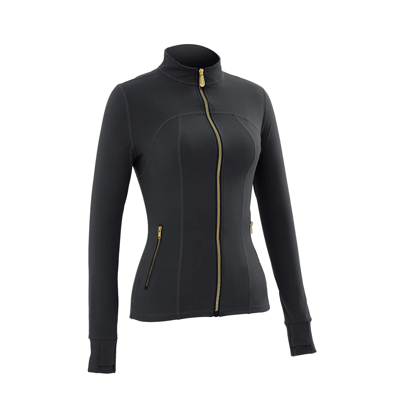 Gold Zipper Thumb Hole Yoga Jacket Women Slim Full Zip Workout Coat Zipper Pocket Fitness Activewear, Top & Leggings Separate Sale Backtoschool
