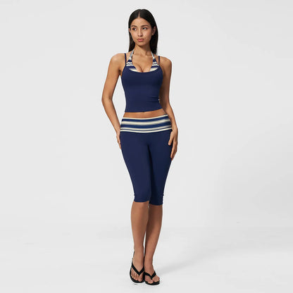 MFVIM Women’S Color-Block Double-Layer Halter Yoga Tank Top Set — Waist-Cinching, Butt-Lifting Mid-Length Athletic Shorts; Two-Piece Fitness Set with a Nude Feel,Travel Essentials,Camping Essentials