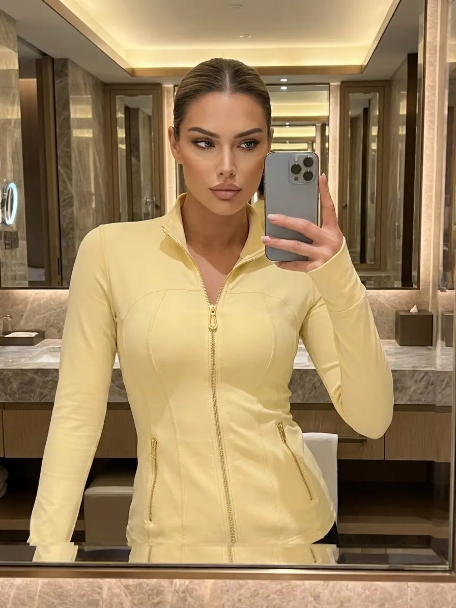 Women Stand Collar Full Zip Yoga Jacket Long Sleeve Thumb Hole Slim Fit Workout Coat with Zipper Side Pockets Backtoschool Sport Outerwear Sports Fitness Outerwear
