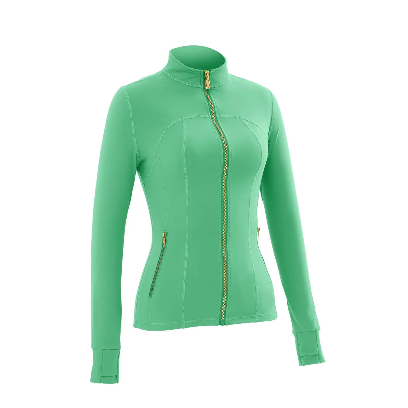 Gold Zipper Thumb Hole Yoga Jacket Women Slim Full Zip Workout Coat Zipper Pocket Fitness Activewear, Top & Leggings Separate Sale Backtoschool
