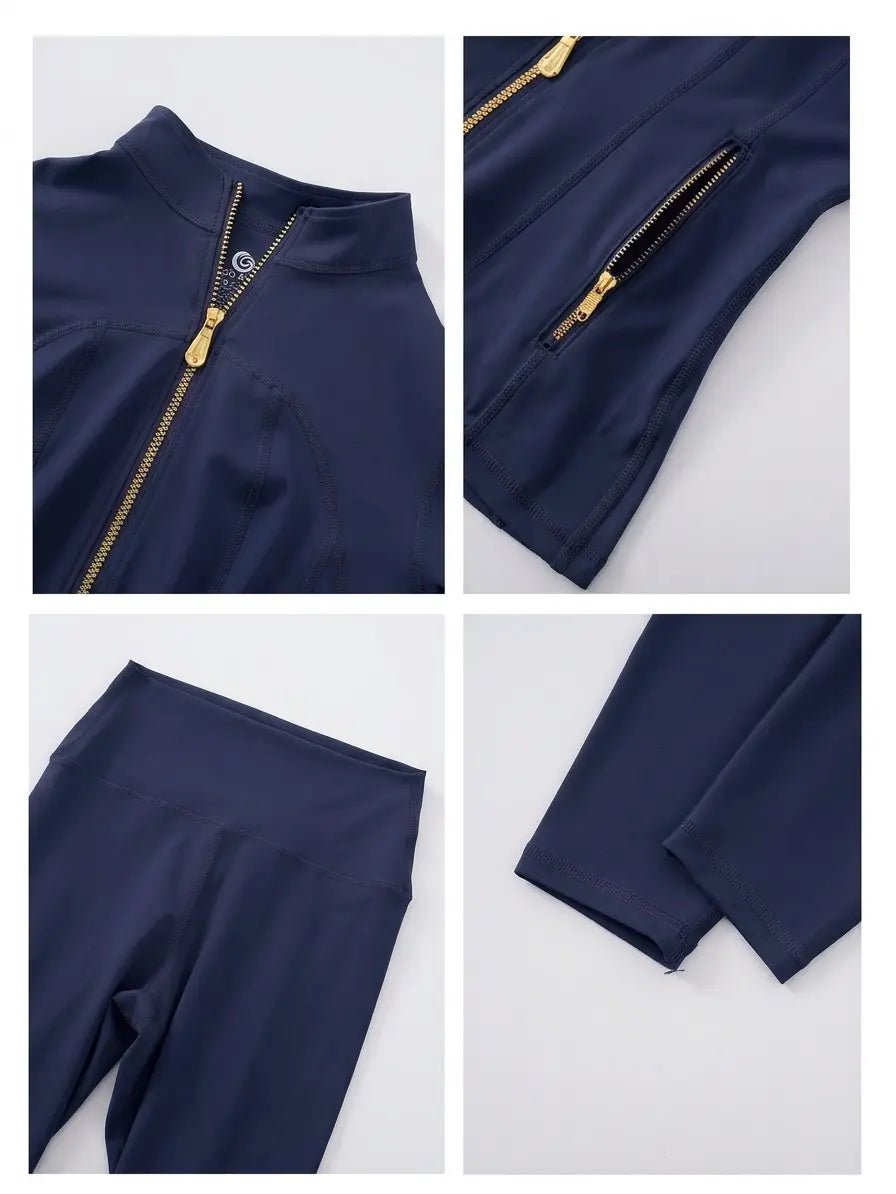 Gold Zipper Thumb Hole Yoga Jacket Women Slim Full Zip Workout Coat Zipper Pocket Fitness Activewear, Top & Leggings Separate Sale Backtoschool