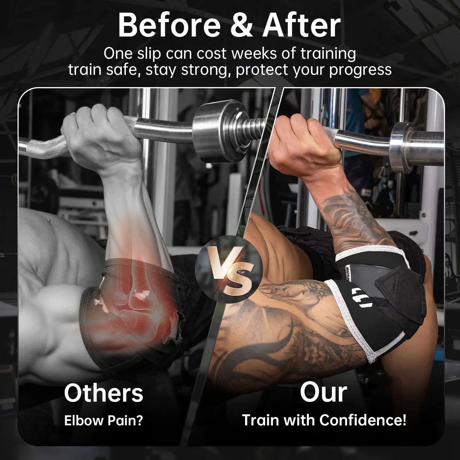 MANUEKLEAR Adjustable Compression Elbow Wraps for Weightlifting(1 Pair), Elbow Sleeves Weightlifting Men with Compression Band, 5Mm Neoprene Elbow Strap for Weight Lifting and Bench Press