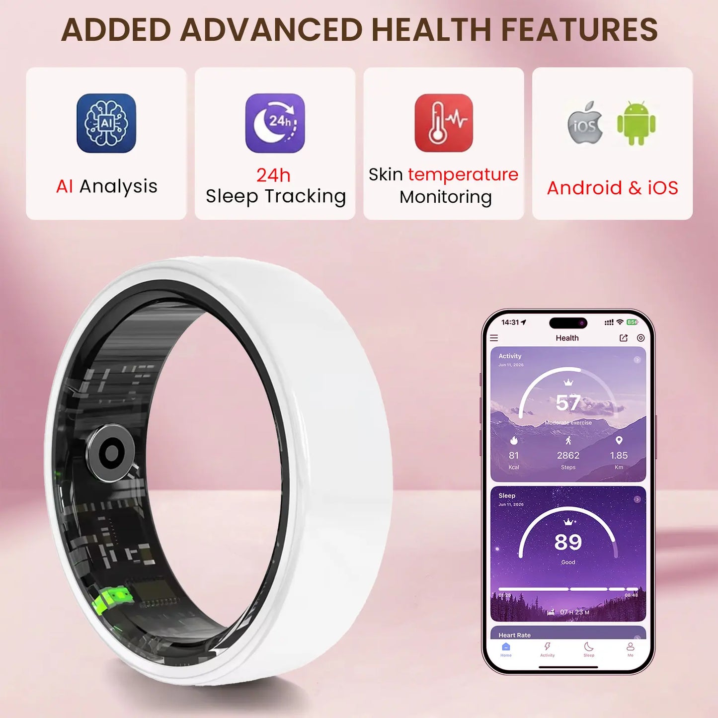 White Ceramic Smart Ring for Men & Women – IP68 Waterproof Health & Fitness Tracker, Sleep, Heart Rate, Stress & Cycle Monitor, Ios & Android Compatible, Charging Case Included,#Tiktokshopsummersale